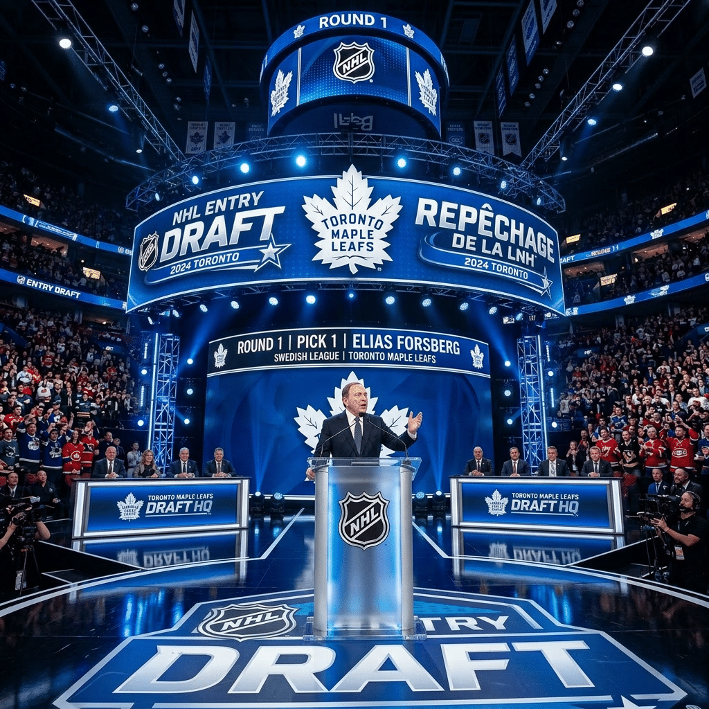 Announcer at podium announcing first pick Macklin Celebrini at 2024 NHL Entry Draft in Montreal