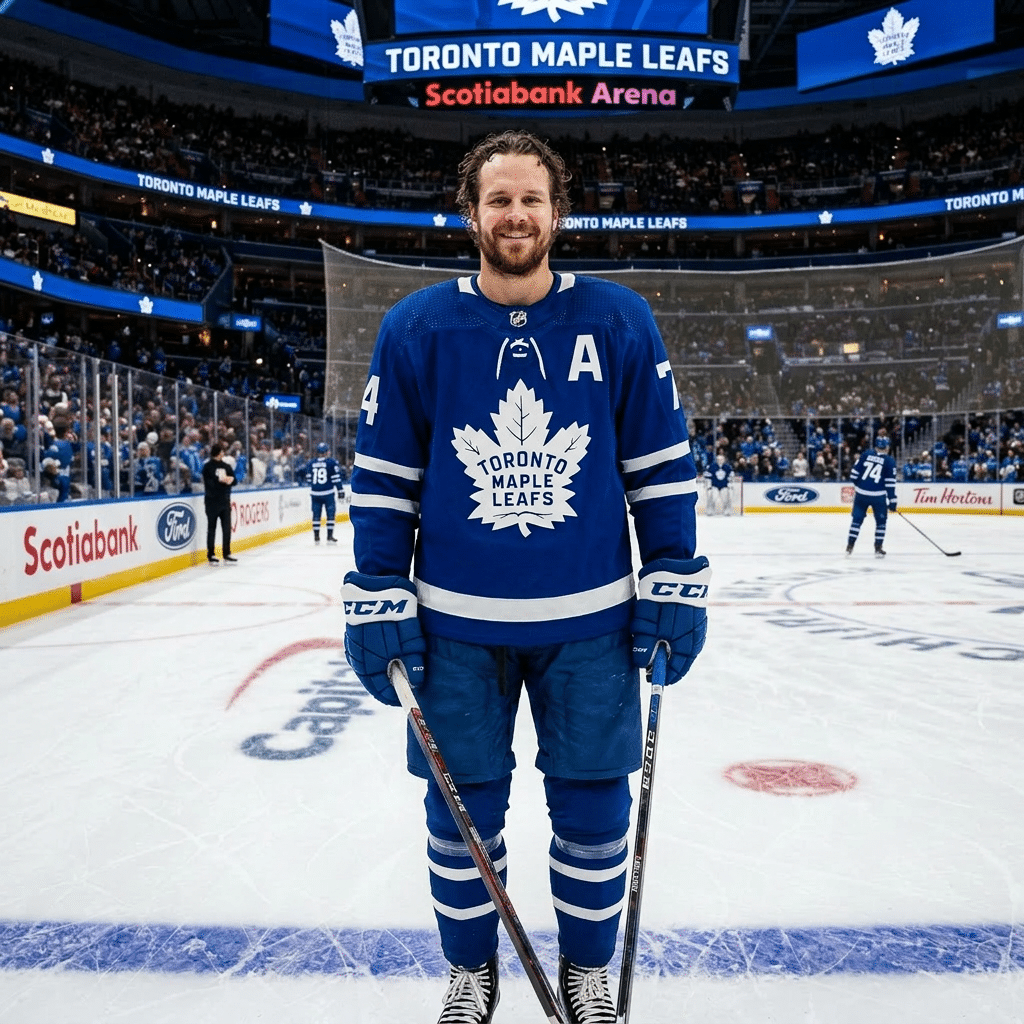 Toronto Maple Leafs hockey player wearing jersey number 74 standing on ice rink with stick