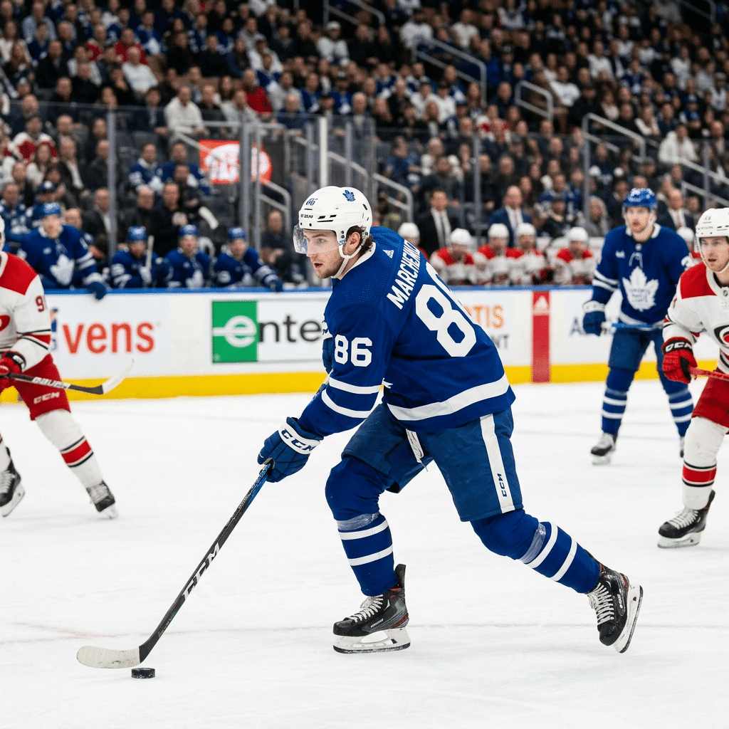 Toronto Maple Leafs player number 86 carries the puck during a hockey game